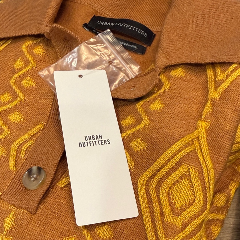 Vintage-Inspired Brown & Yellow Knit Polo Sweater Size S NWT - Picture 4 of 4